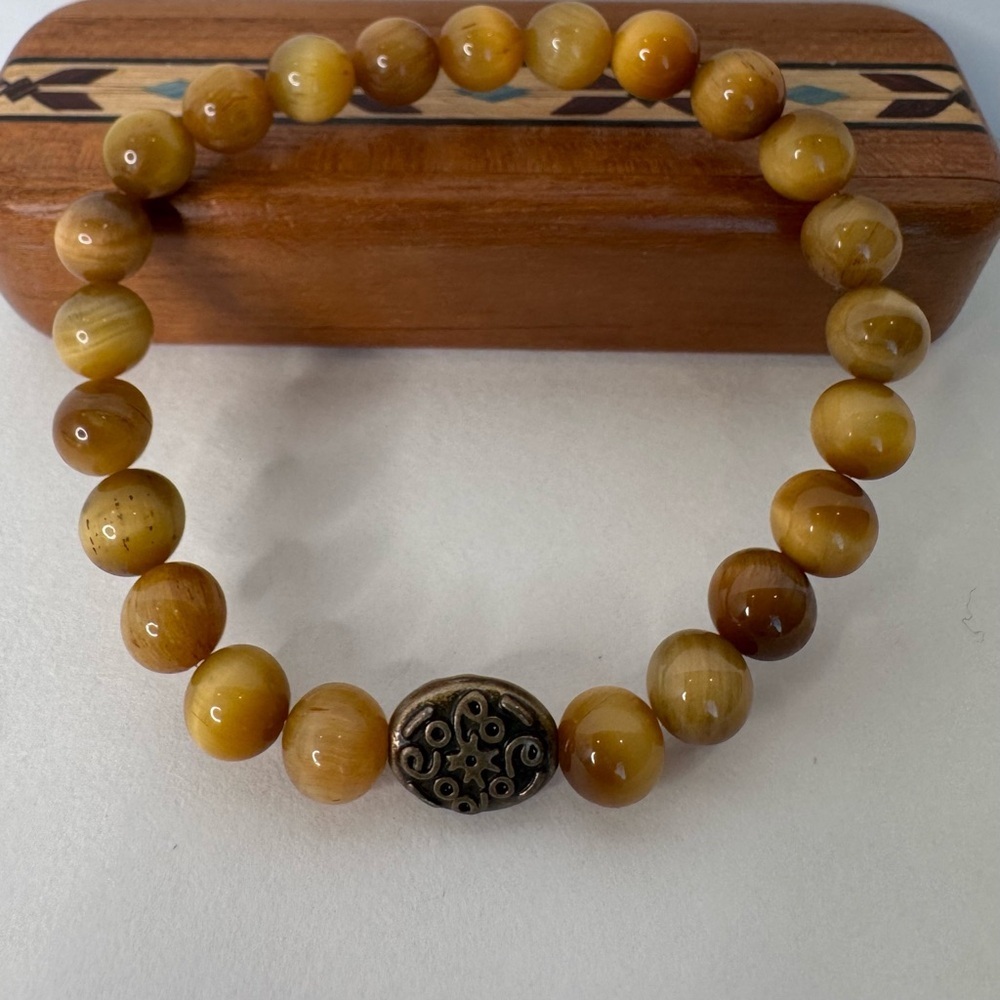 Hand Crafted Yellow Tiger Eye Stretch Bracelet 7” 8mm Beaded NWT - Picture 7 of 12
